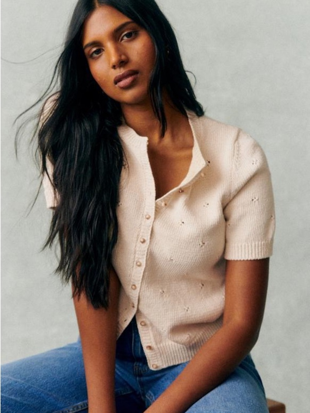 Sezane Kyle Cardigan in Cream Short-Sleeve Cotton Button Front Pointelle Knit S
